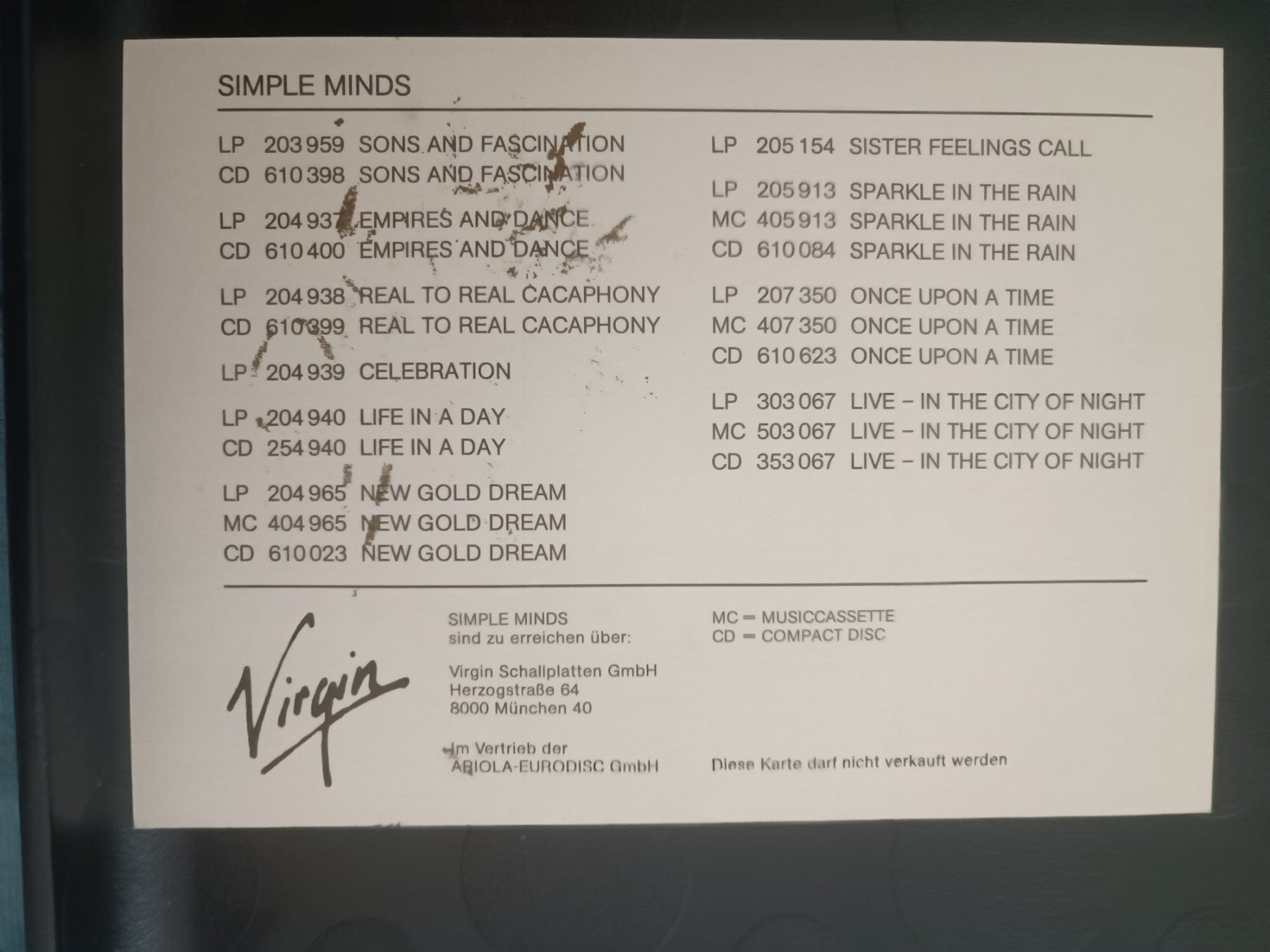 Autografi: Simple Minds  - handsigniert Autogrammkarte – Usato da Menziken venduto da Artographs 1