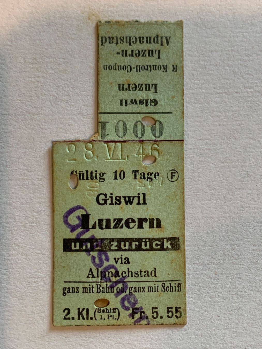 Biglietti: SBB Brünig Edmondson Karton Billett 1946 – Usato da Riehen venduto da Boeri555