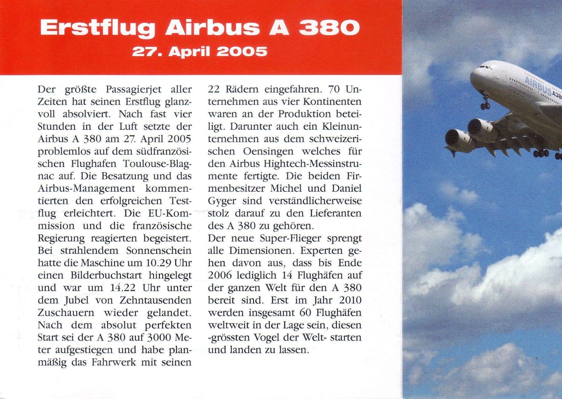 Tutti i francobolli: FOLDER ERSTFLUG AIRBUS A 300 27. APRIL 2005 - FL5 – Nuovo (secondo la descrizione) da Losone venduto da EM2019 2
