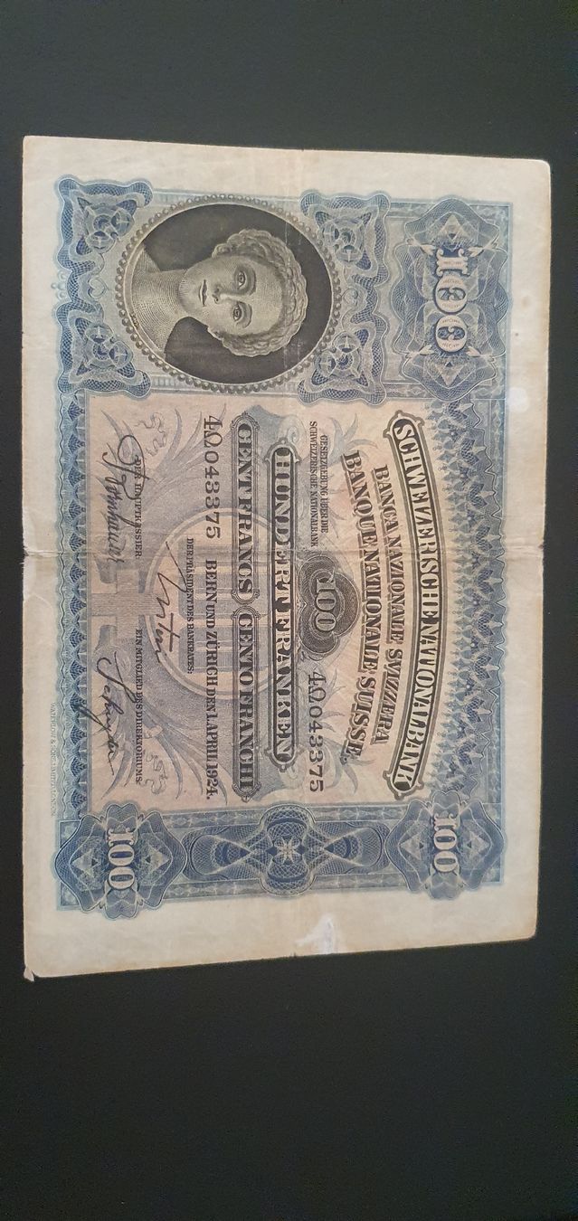 Banknoten: 100 Franken Typ Mäher 1924 – Gebraucht aus Baden von Vinci2008