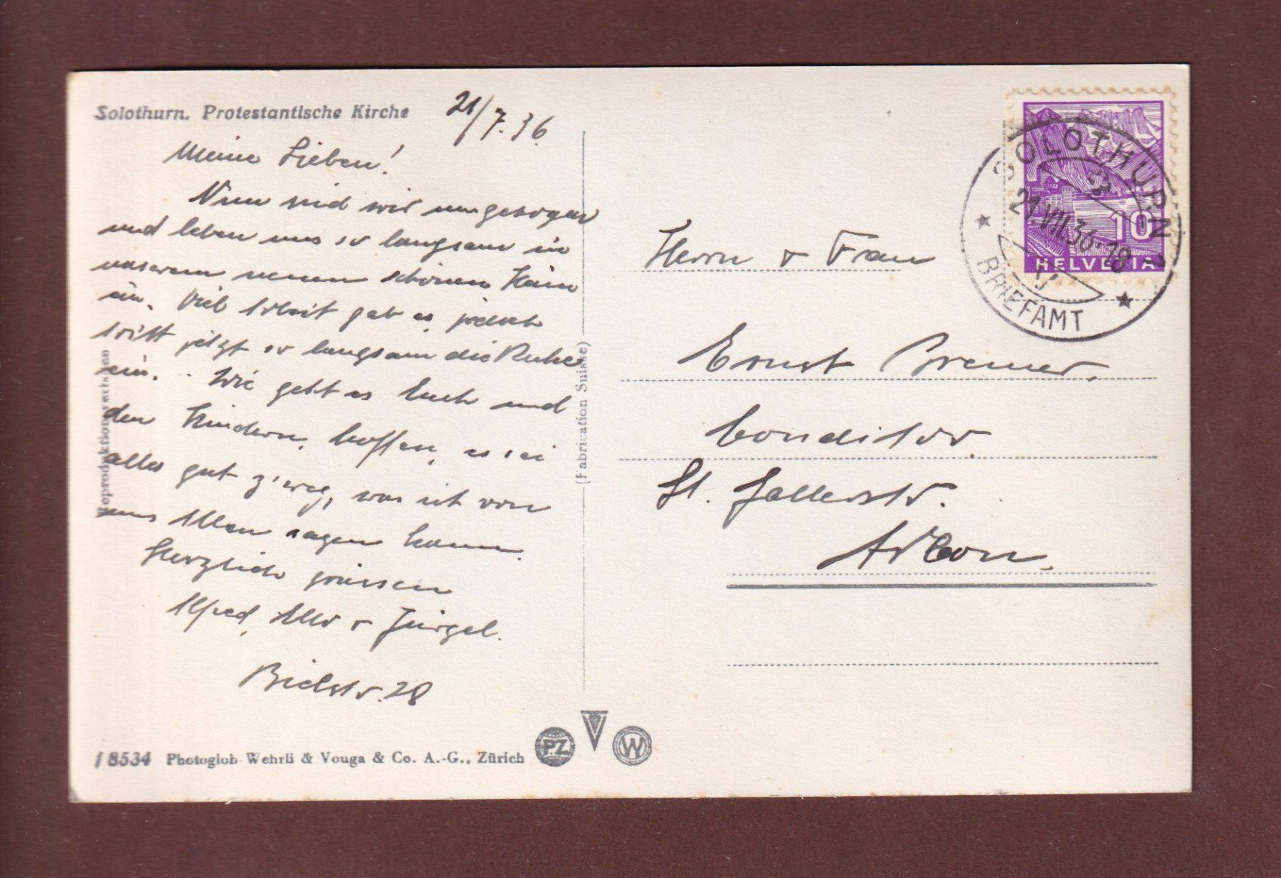 Ansichtskarten: SOLOTHURN - Protestantische Kirche - 1936 – Gebraucht aus Pully von nicecards-shop 1
