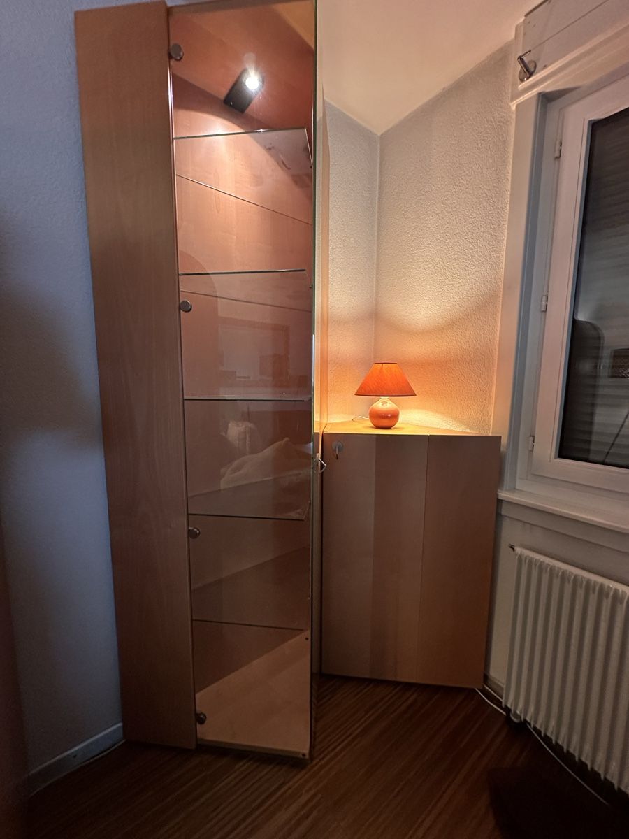 Vitrinen: Vitrinenschrank mit Eckteil und Beleuchtung Bucheoptik – Gebraucht aus Ittigen von Carleu 1