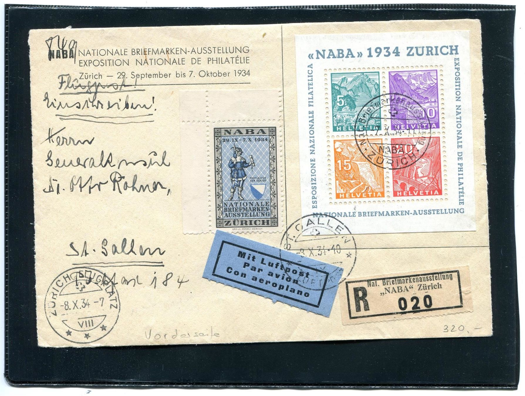 Tutti i francobolli: 1934 NABA Block auf Briefvorderseite – Usato da Winterthur venduto da Kyoung