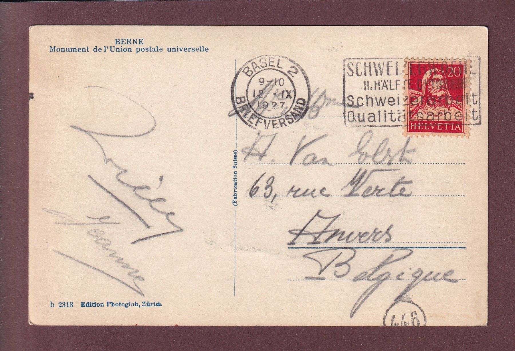 Ansichtskarten: BERN - Weltpostdenkmal - 1927 – Gebraucht aus Pully von nicecards 1