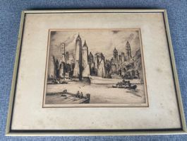 Radierung New York Skyline 20. Jahrh. Schiff, Nat Lowell,