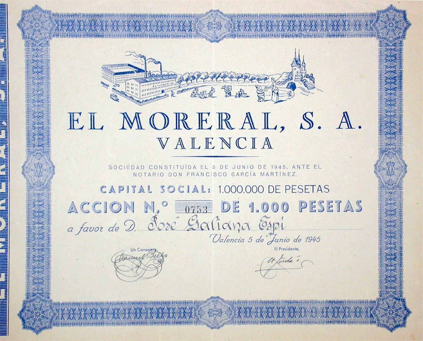 Documenti: El Moreral SA, Valencia - 1945 – Usato da Solothurn venduto da Sgasche