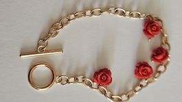Très joli bracelet acier, roses en cinabre,19 cm