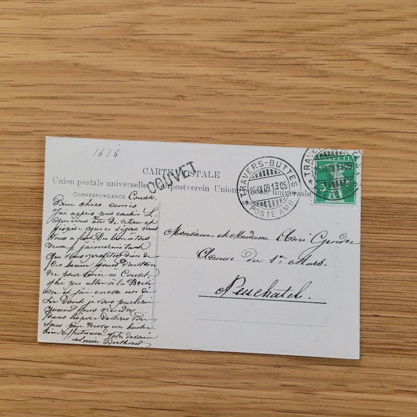 Tutti i francobolli: Document Travers-Buttes 1909 Neuchâtel COUVET – Usato da Biel/Bienne venduto da Destockweb