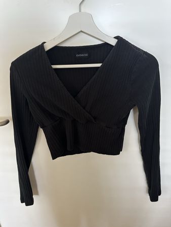 Even&Odd Damen Langarm Shirt Gr. M Schwarz Wickeloptik Top