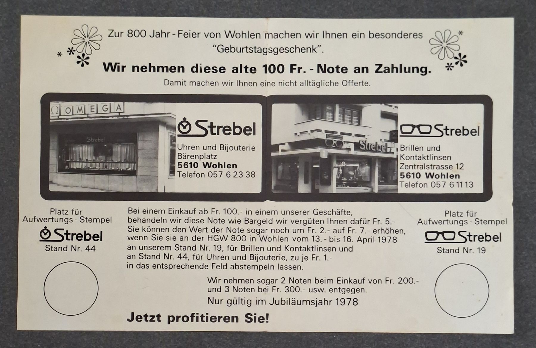 Documenti: Werbeprospekt, 100 Franken Banknote 1944 – Usato da Siebnen venduto da Leissav 1