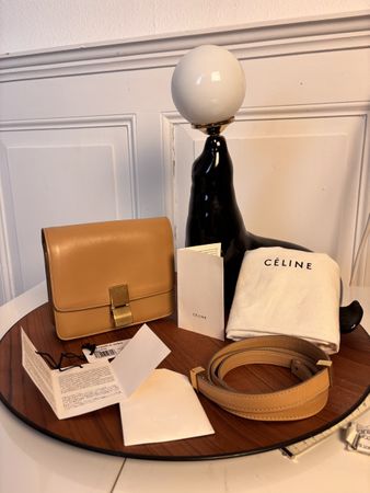 100% Celine Classic Box Bag Beige Small