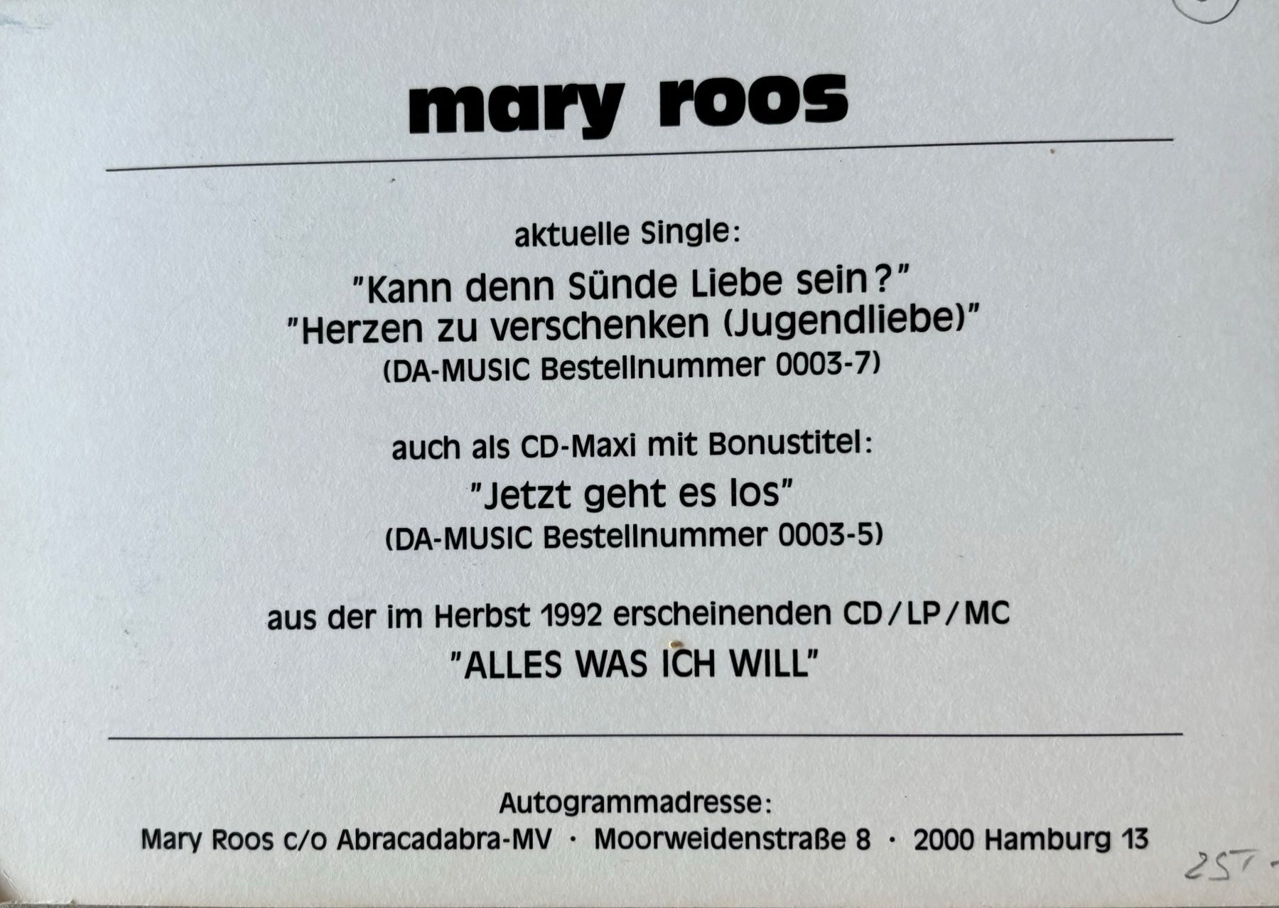 Autografi: Mary Roos,  Musik, Autogramm – Usato da Frauenfeld venduto da Merk52 1