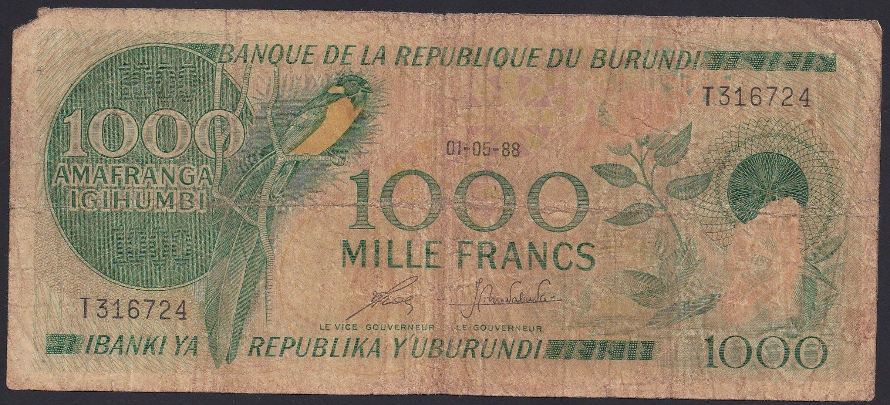 Banknoten: Burundi 1000 Francs 1988 – Gebraucht aus Brugg AG von banknoten_muesli