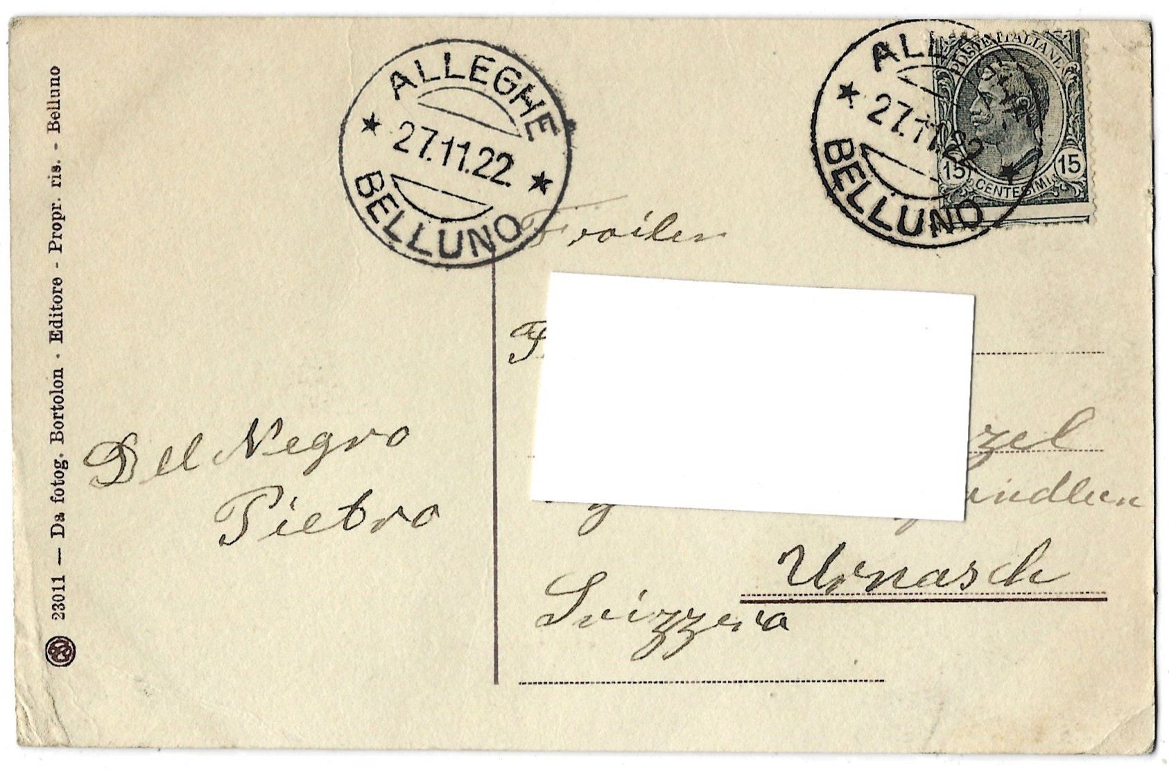 Cartoline postali: AGORDINO  -  Saluti  da  ALLEGHE – Usato da Bütschwil venduto da Jackson1A 1