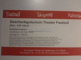 Gutschein 100.- Theater Fauteuil Basel plus 2 Cüpli-Taler