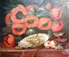 Italienische Schule Blumen Früchte Öl 72x60cm
