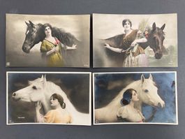 Fotopostkarten Handkoloriert Frau mit Pferd - um 1920 Antik