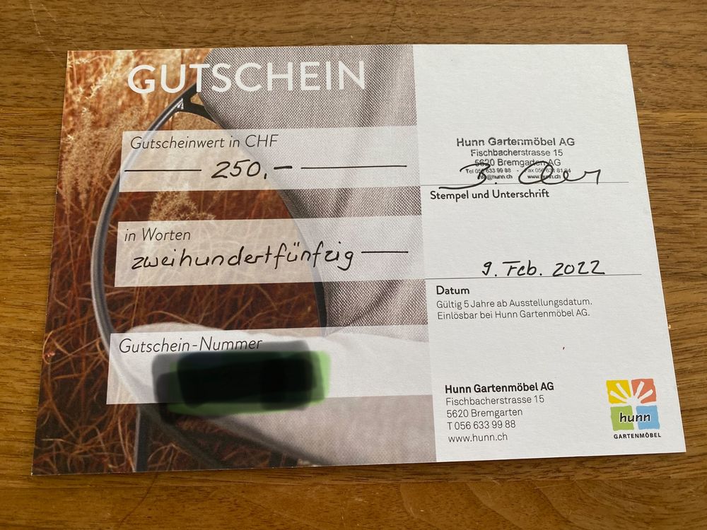 Gutschein von Gartenmöbel Hunn AG Kaufen auf Ricardo