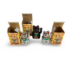 3 Lucky Cats, 2x silber 18cm, 1x schwarz 20 cm