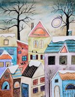Original Aquarell verschneite Häuser naive Kunst Bild