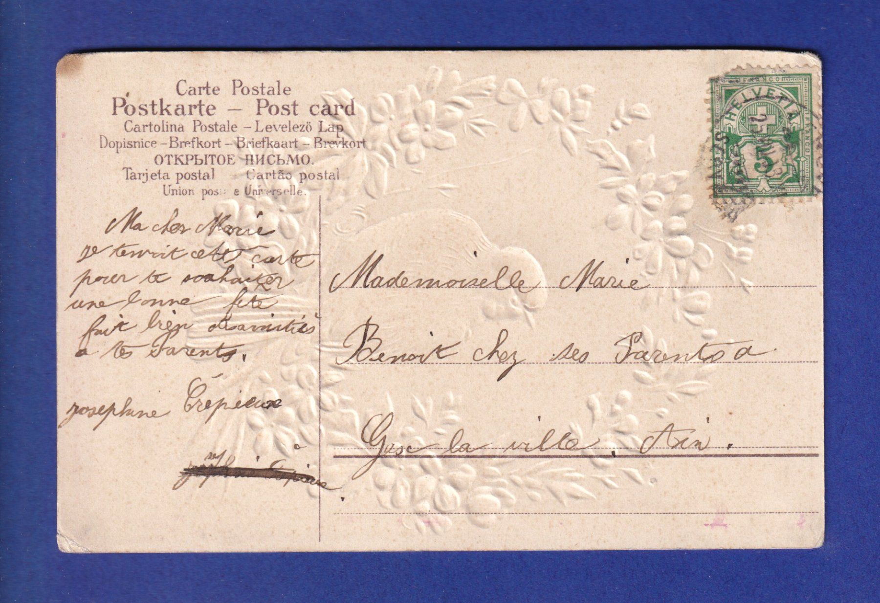 Cartoline postali: OISEAU - Mésange et fleurs - Carte gauffrée – Usato da Pully venduto da nicecards-shop 1