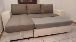 Divano Letto Angolare con Contenitore Grigio e Bianco