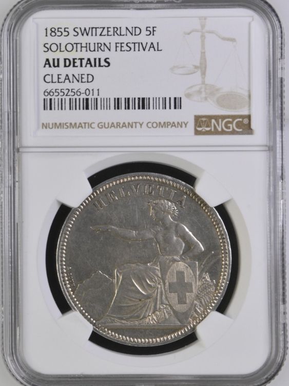 Toutes les monnaies: 5 Franken 1855 Schützentaler Solothurn, NGC AU!!! – D'occasion à Tägerwilen par Beata1sager