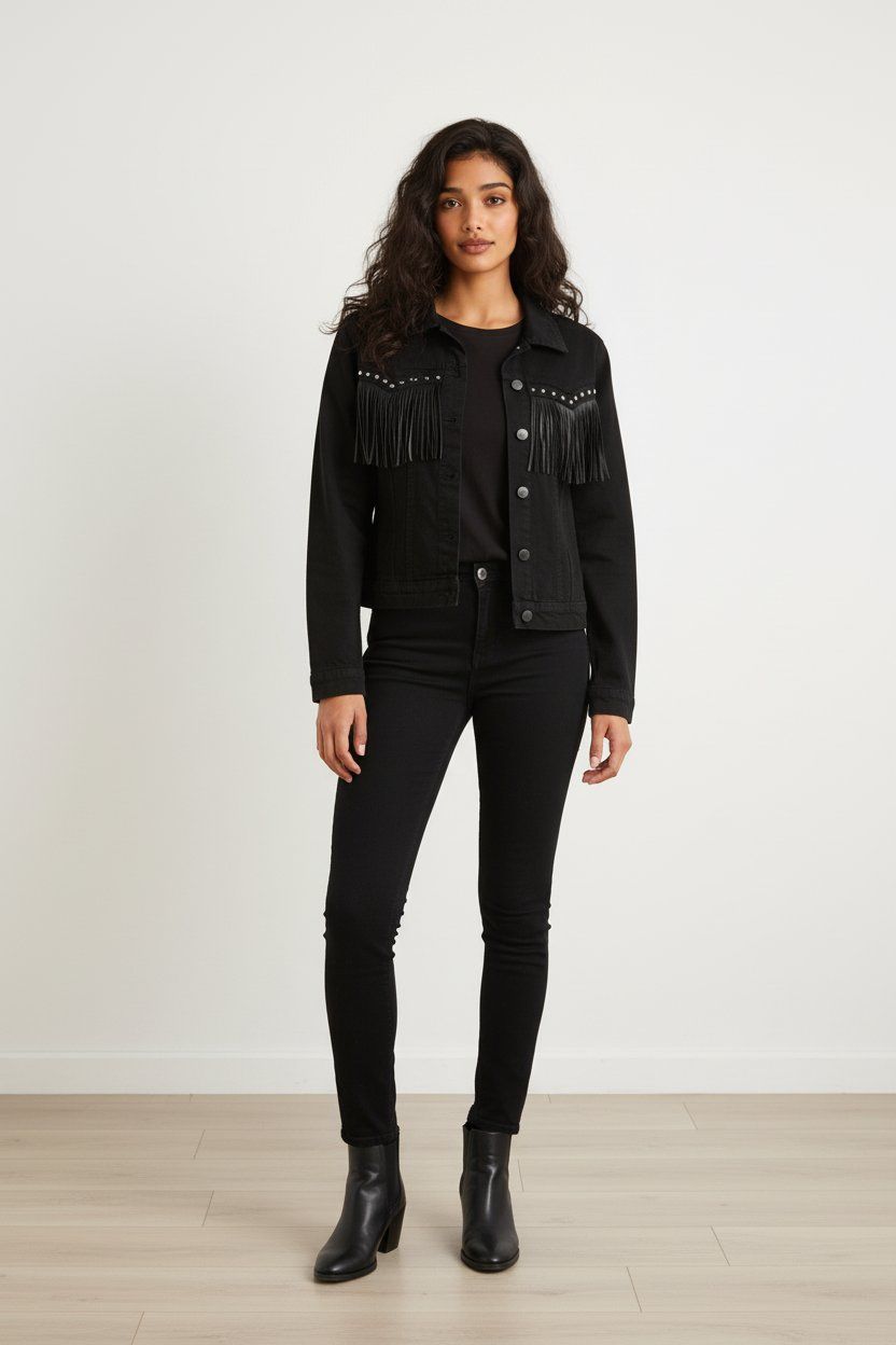 Giacche: Veste en jean noire à franges - Taille M – Nuovo (secondo la descrizione) da Lausanne 25 venduto da fla_bpj5