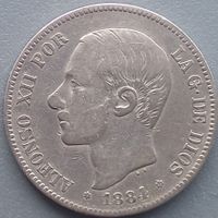 SPANIEN - 5 PESETAS - 1884 - ALFONSO XII. - EXZELLENT