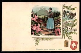 Litho Glaris, Frau in Trachten, Vögel, 