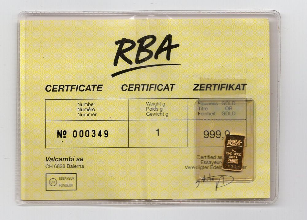 (1831) 1 g Goldbarren RBA, mit Zertifikat (Gebraucht) in Rüthi ...