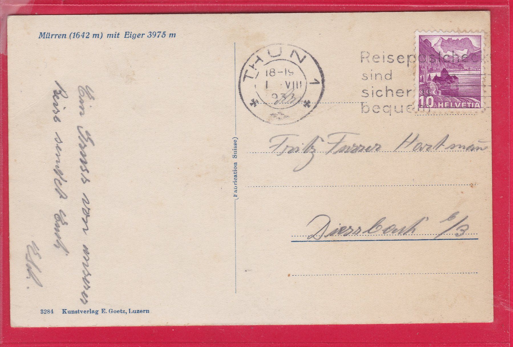 Cartoline postali: MÜRREN MIT EIGER, 1.8.1933 – Usato da Oberrieden venduto da Gebirgsstelze 1