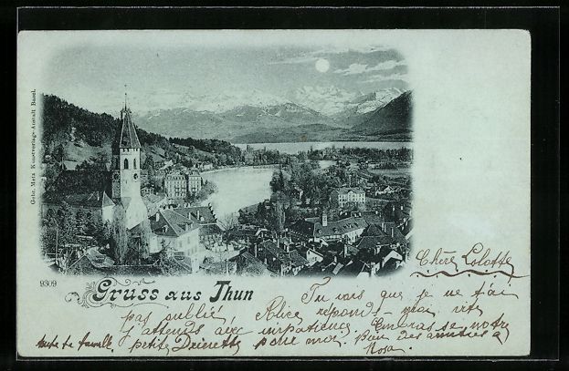 Cartoline postali: Mondschein-AK Thun, Panorama, 1898 – Usato da Berlin venduto da bartko-reher