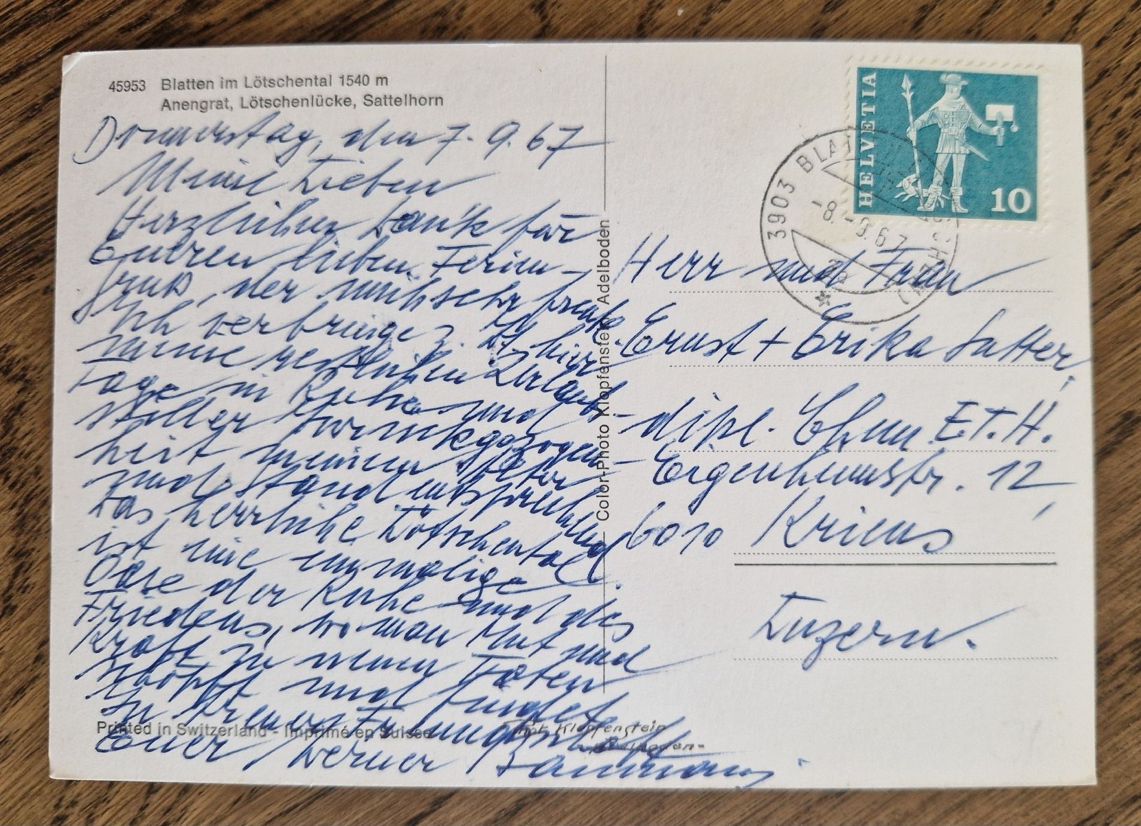 Ansichtskarten: Blatten 1967 – Gebraucht aus Ebikon von Donar50 1