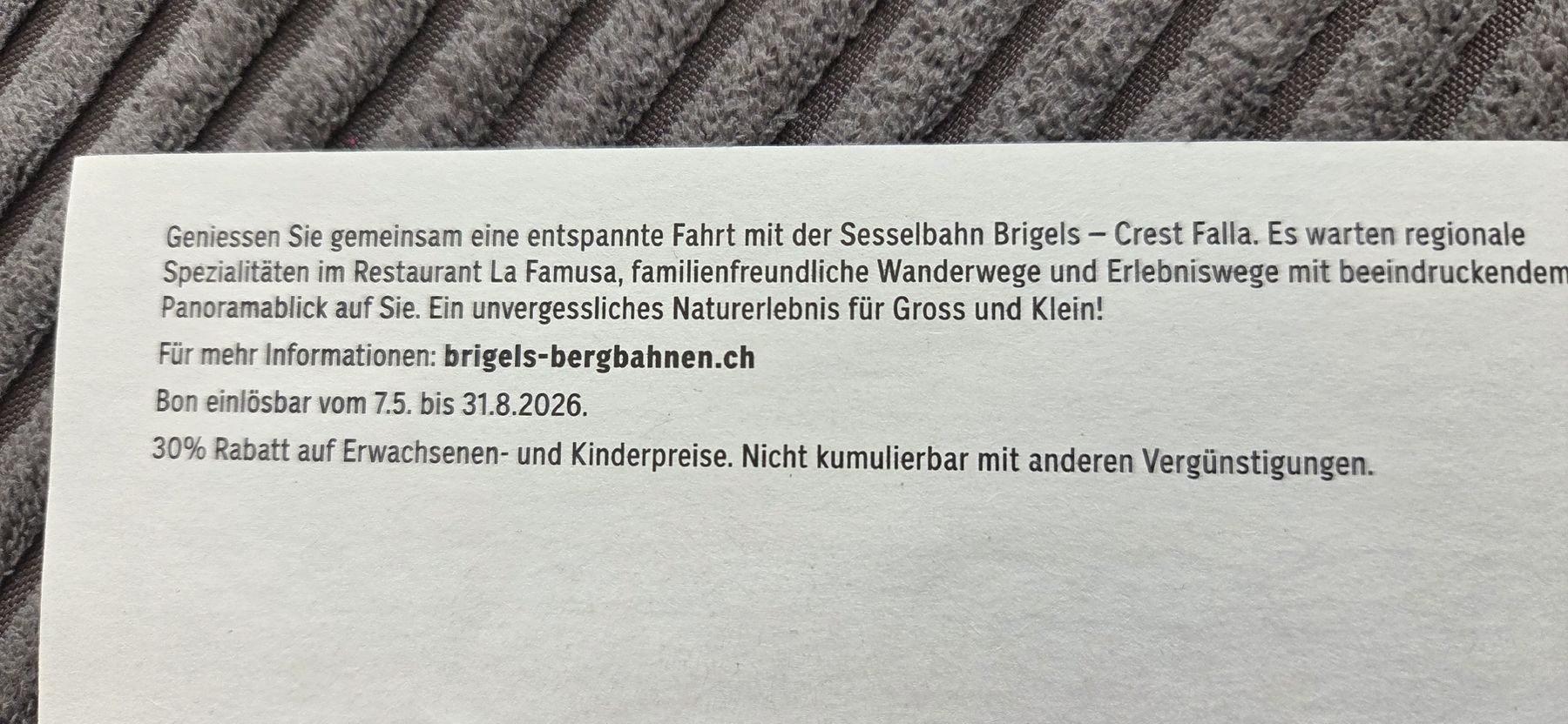 Gutscheine: Brigel-Cresta Sesselbahn Gutschein - 30% Rabatt! Sommer – Neu (gemäss Beschreibung) aus Uttigen von TomTom_ 1