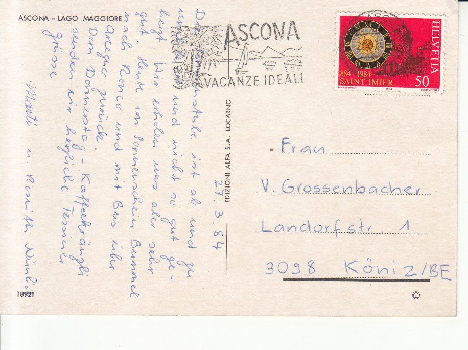 Cartoline postali: Ascona 1984 – Usato da Bürglen TG venduto da StampGraf 1