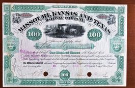MISSOURI, KANSAS AND TEXAS Railway Company 100 shares 1887