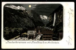 Lithographie Lauterbrunnen, Hotel Steinbock und Staubbach