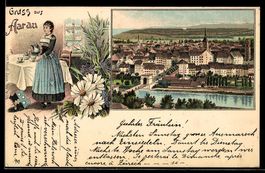 Lithographie Aarau, Ortsansicht mit Flusspartie und Kirche