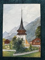 Original Aquarell Kirche Gsteig Gstaad Schweiz signiert