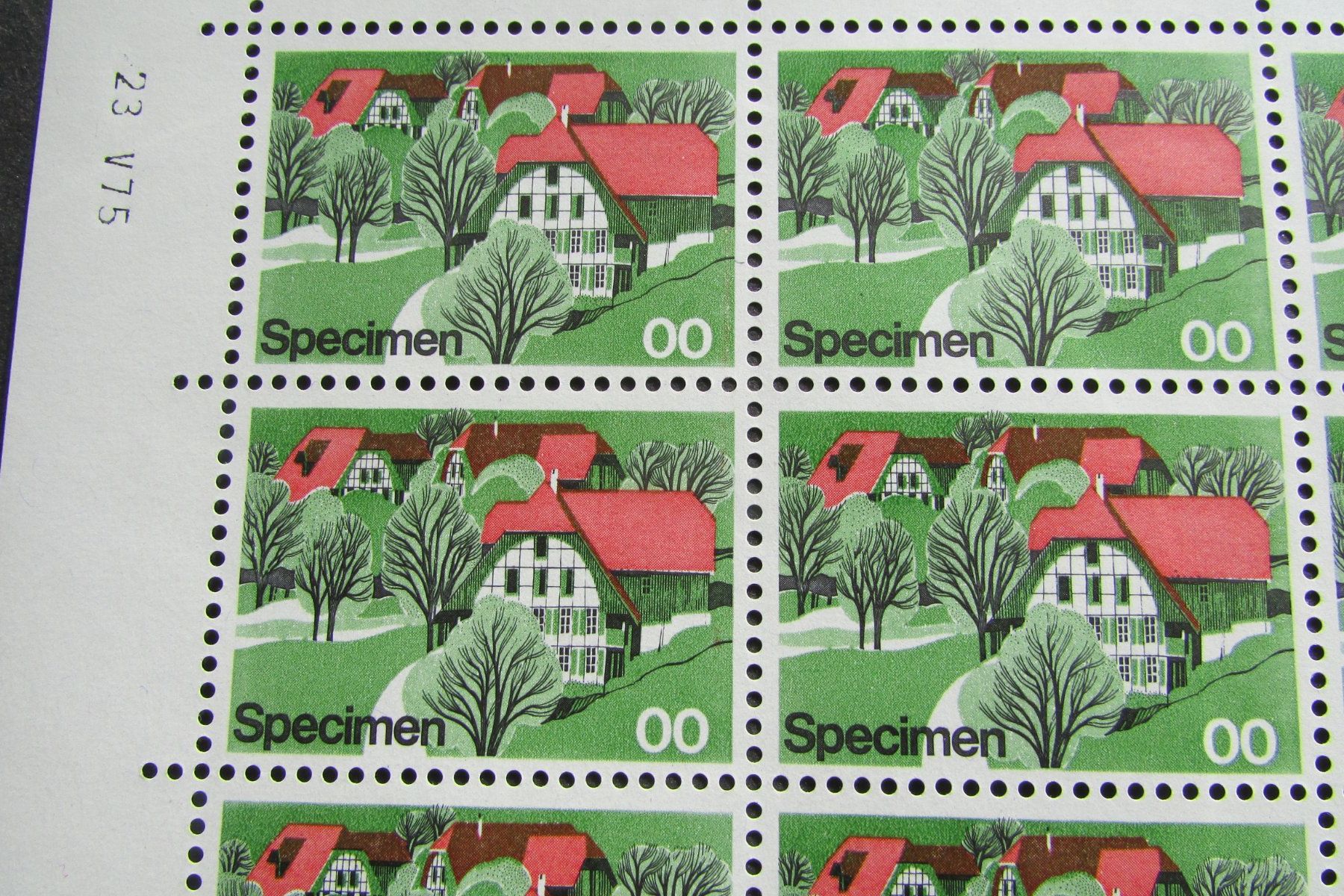 Tutti i francobolli: Kleinbogen,Specimen, Bauernhaus 23.V.75 – Nuovo (secondo la descrizione) da Wollerau venduto da Brifmar 1