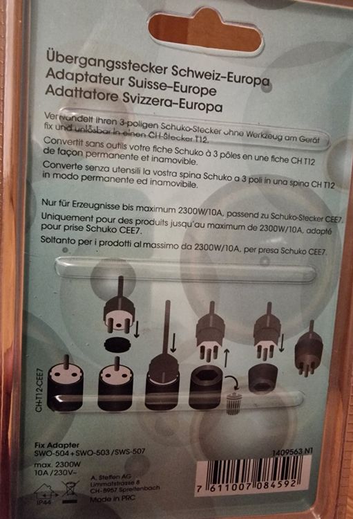 FIX Adapter Deutschland CEE7/4 und CEE7/7 - Schweiz T12 schw (Neu und ...