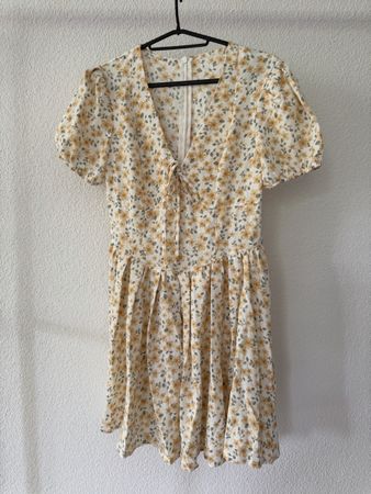 Summer Dress Yellow Floral Print Tie Neck Puff Sleeve