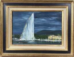 Quadro olio su tela Jet d'Eau Ginevra firmato 24x35 cm