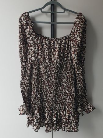 🐸 KLEID / TUNIKA 38 GERAFFT TROMPETENÄRMEL BLUMEN PRINT