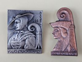 2x Abzeichen/Nadel Eidg. Volks-/Trachtenfest Basel 1936/1961