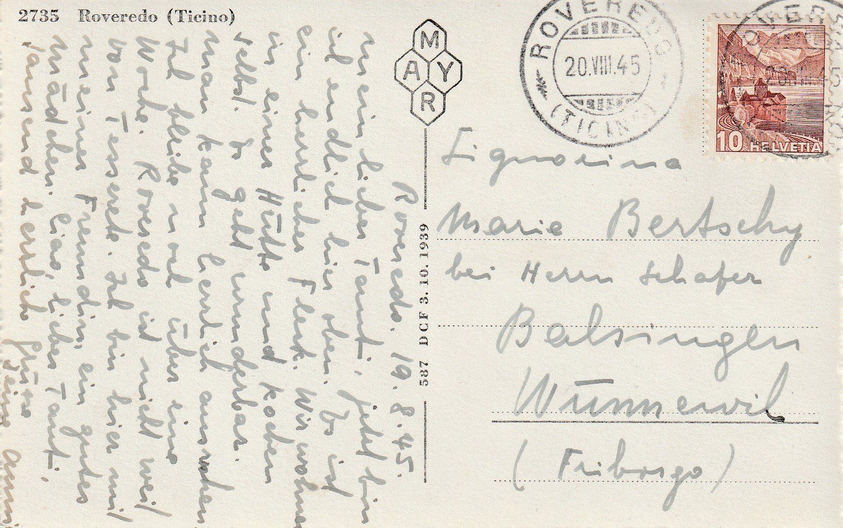 Cartoline postali: AK Roveredo gel. 20.8.1945 – Usato da Fribourg venduto da schnalla92 1