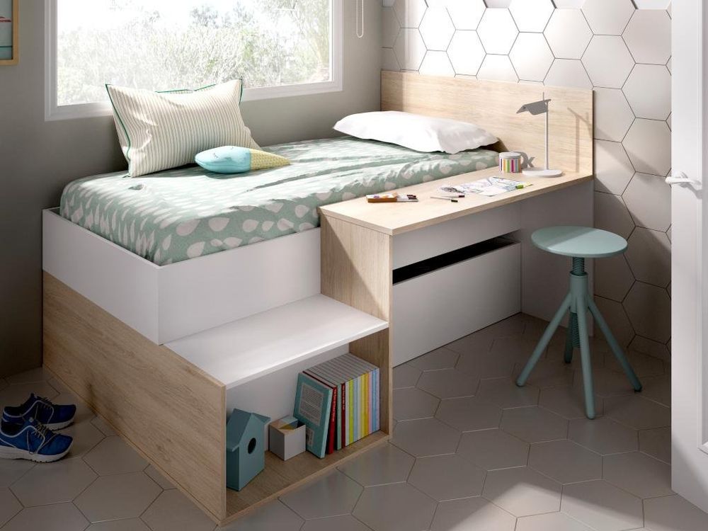 Hochbett 140x200cm Mit Schreibtisch & Stauraum - Jugendbett Weiß+Natur LED