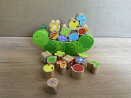 Holzspielzeug Raupe mit Bausteinen und Wurfel aus Holz