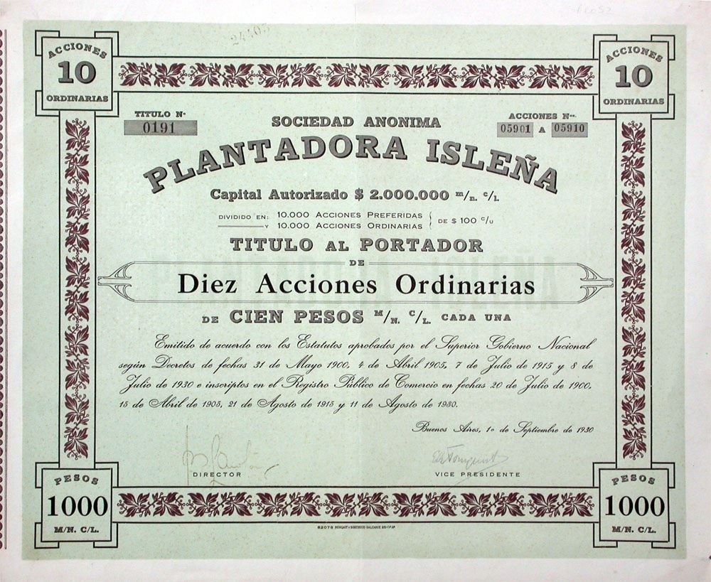 Documenti: SA Plantadora Islena, Buenos Aires - 1930 – Usato da Solothurn venduto da Sgasche